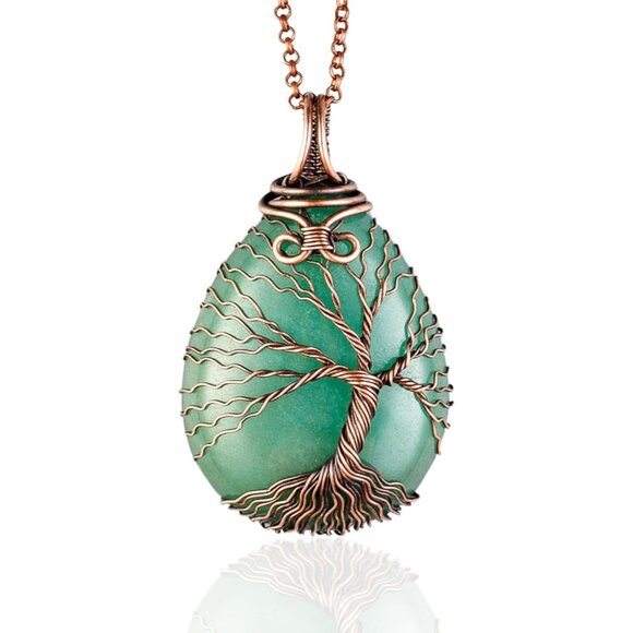 Handmade Copper Tree of Life Pendant Necklace with Green Aventurine, 24in Rolo C